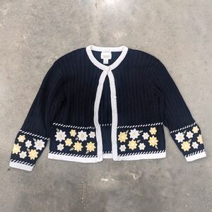 Hand Embroidered Christopher & Banks Navy Cardigan with Floral Design